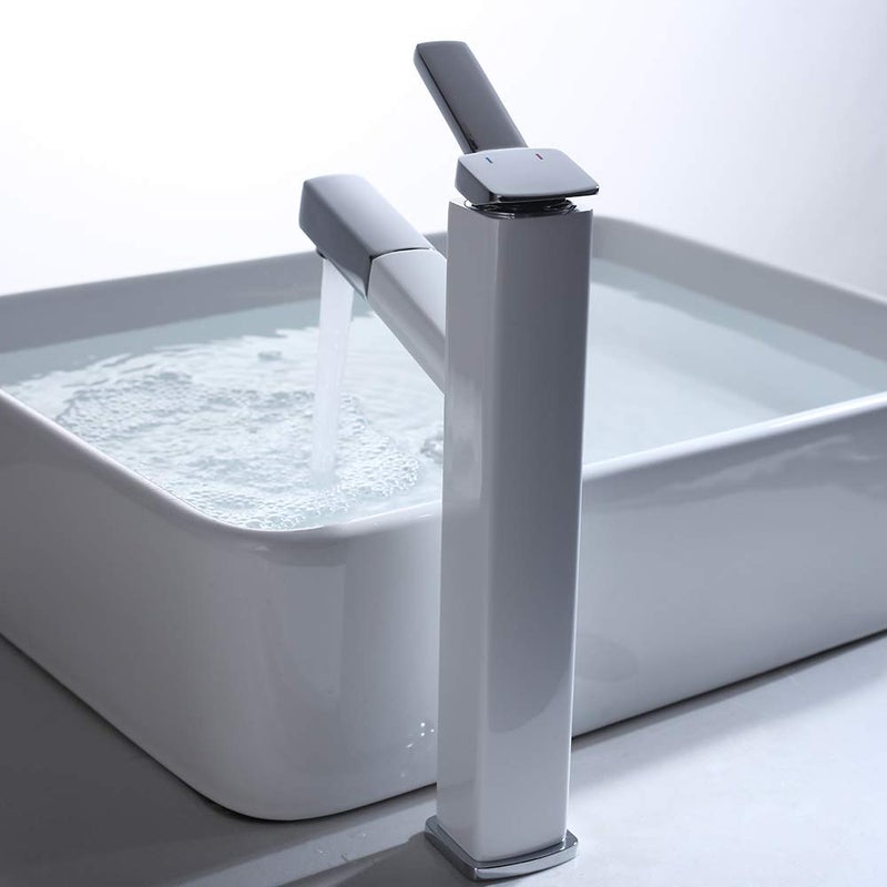KAIYING Bathroom Pull Down Vessel Sink Faucet, Lavatory Single Hole Basin Sink Faucet with Pull Out Sprayer, Single Handle Utility Mixer Tap with Rotating Spout (Tall, Chrome & White) - Image 5